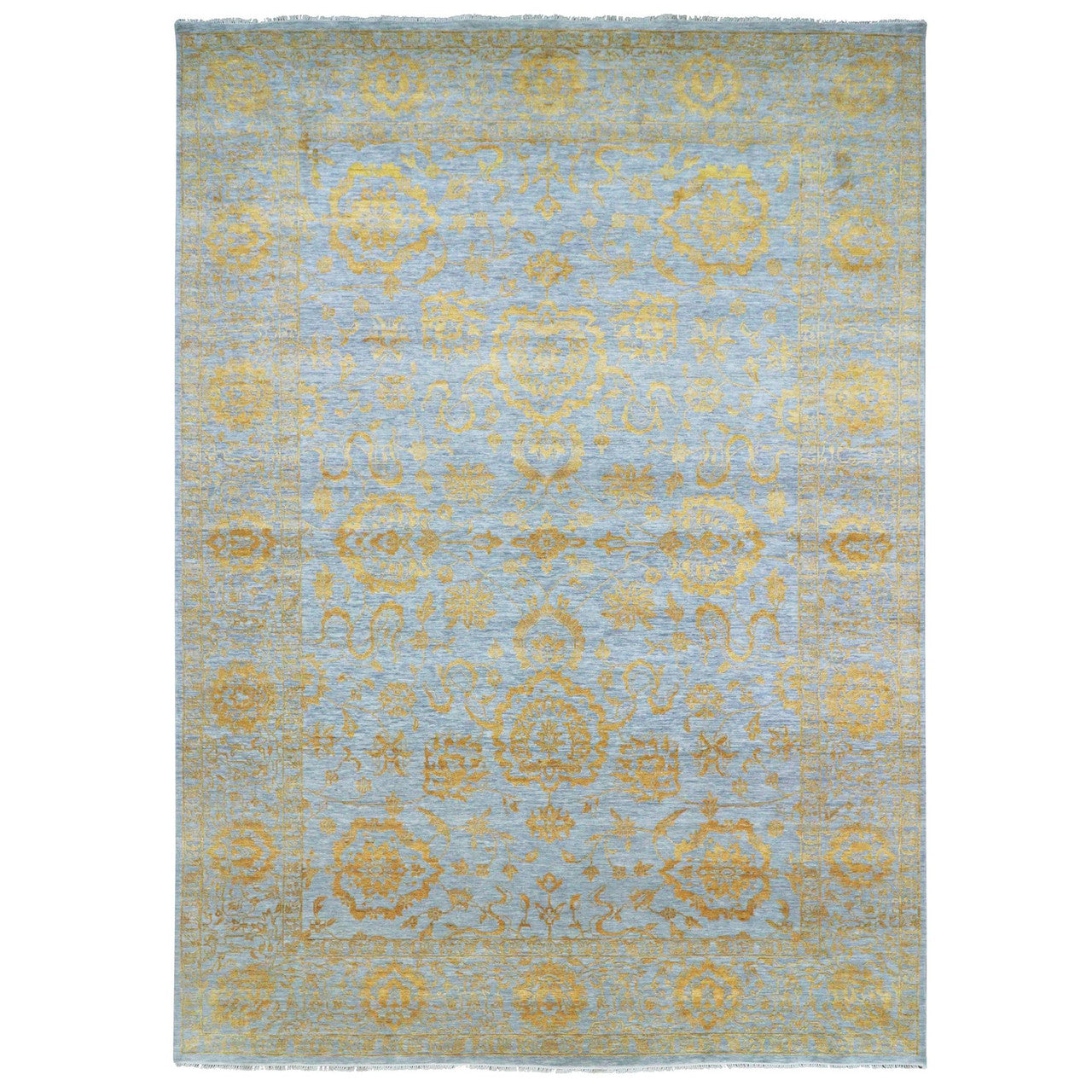 Transitional Wool & Silk Hand Knotted Rug Yellow 10.0x13.11 -O076312