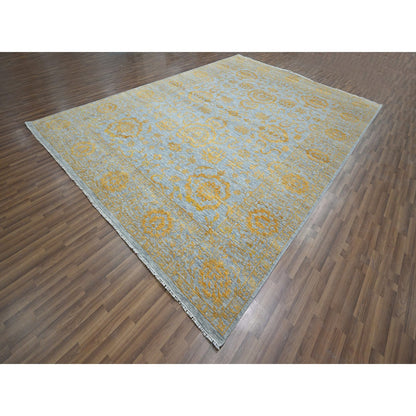 Transitional Wool & Silk Hand Knotted Rug Yellow 10.0x13.11 -O076312