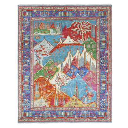 Tribal & Geometric Wool Hand Knotted Rug Blue 7.11x9.11 -O076313