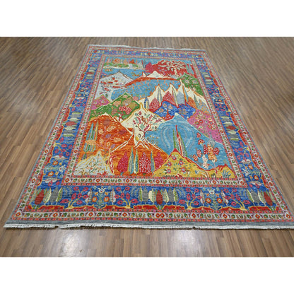Tribal & Geometric Wool Hand Knotted Rug Blue 7.11x9.11 -O076313