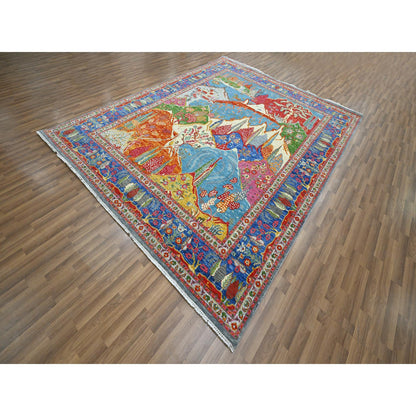 Tribal & Geometric Wool Hand Knotted Rug Blue 7.11x9.11 -O076313