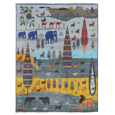 Tribal & Geometric Wool Hand Knotted Rug Grey 9.0x11.11 -O076314