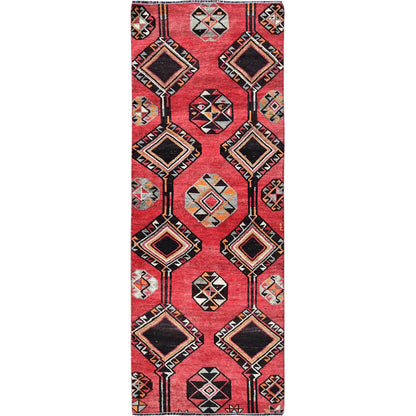 Overdyed & Vintage Wool Hand Knotted Rug Red 3.1x8.4 -O0777