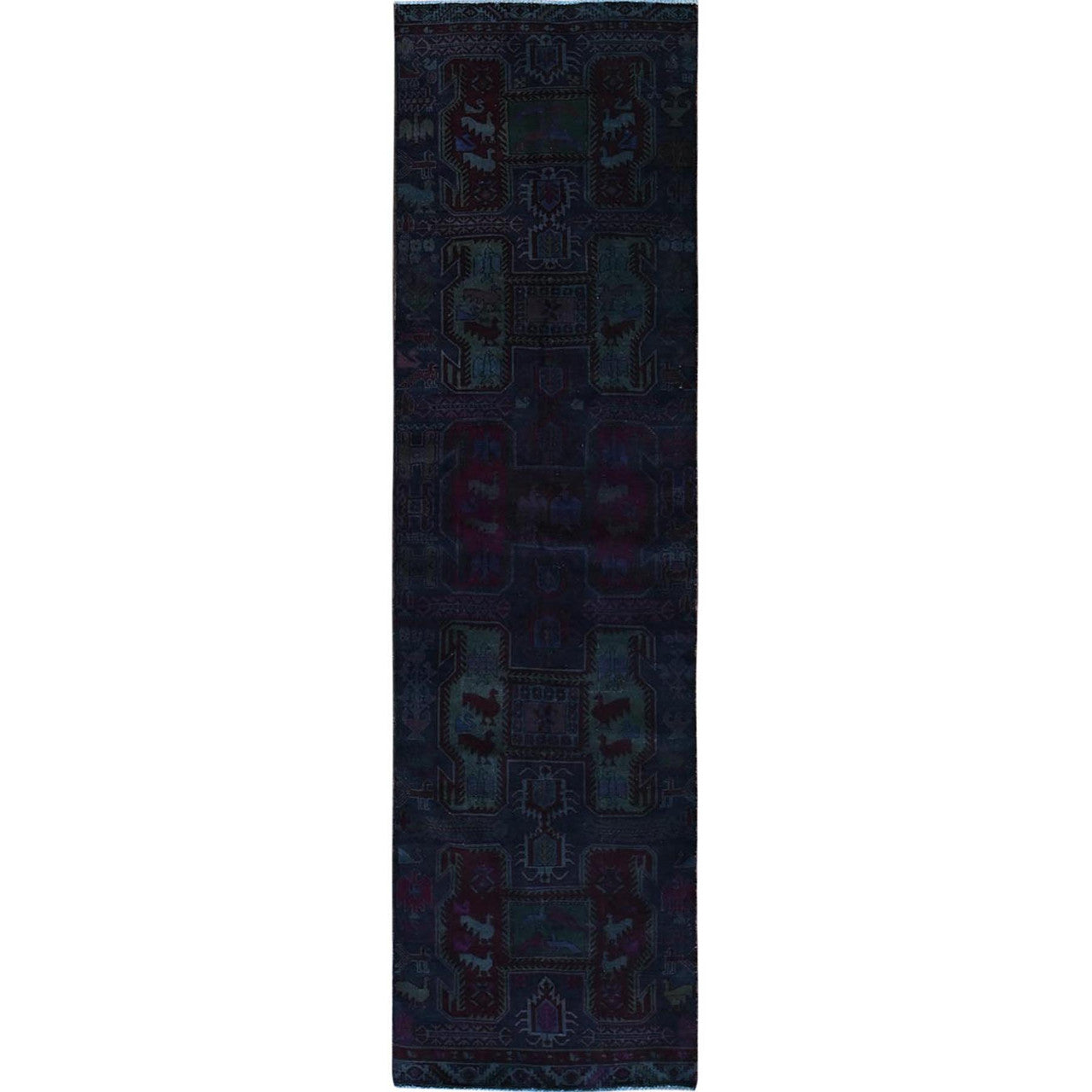 Overdyed & Vintage Wool Hand Knotted Rug Purple 2.11x9.9 -O0778