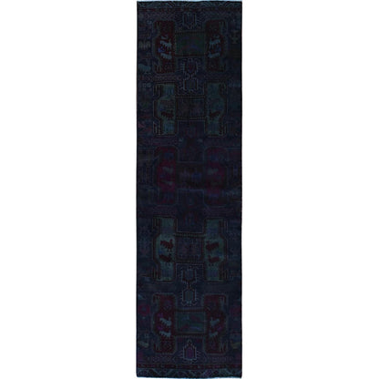 Overdyed & Vintage Wool Hand Knotted Rug Purple 2.11x9.9 -O0778
