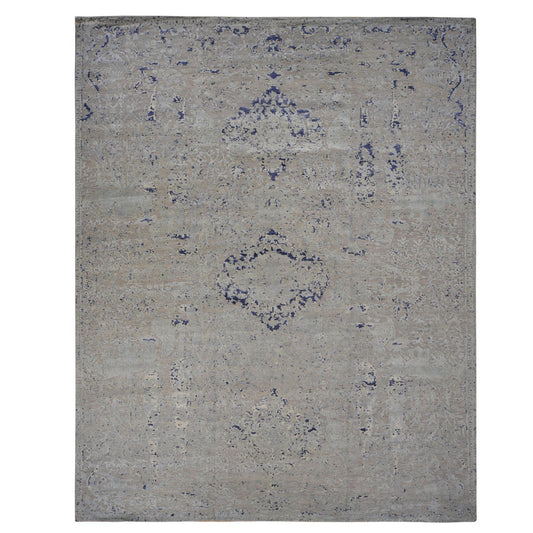 Transitional Wool & Silk Hand Knotted Rug Blue No Border 11.10X14.9 -O078001