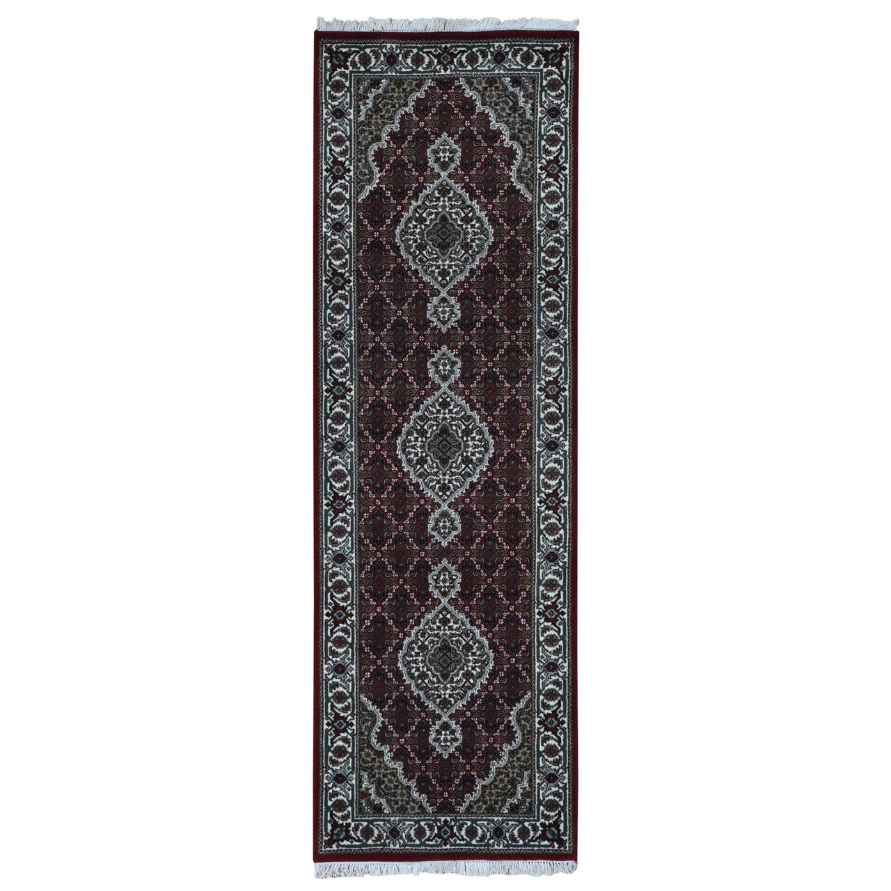 Fine Oriental Wool & Silk Hand Knotted Rug Red White 2.8X8.5 -O078004