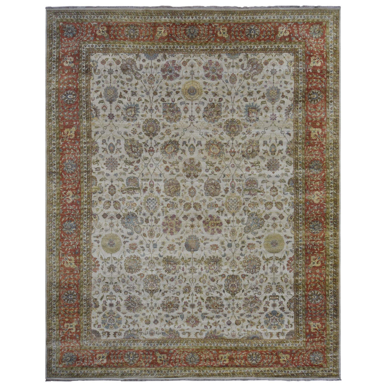 Fine Oriental Wool Hand Knotted Rug Ivory Red 11.5X14.9 -O078011