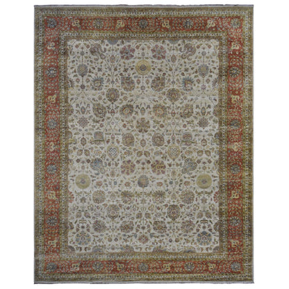 Fine Oriental Wool Hand Knotted Rug Ivory Red 11.5X14.9 -O078011