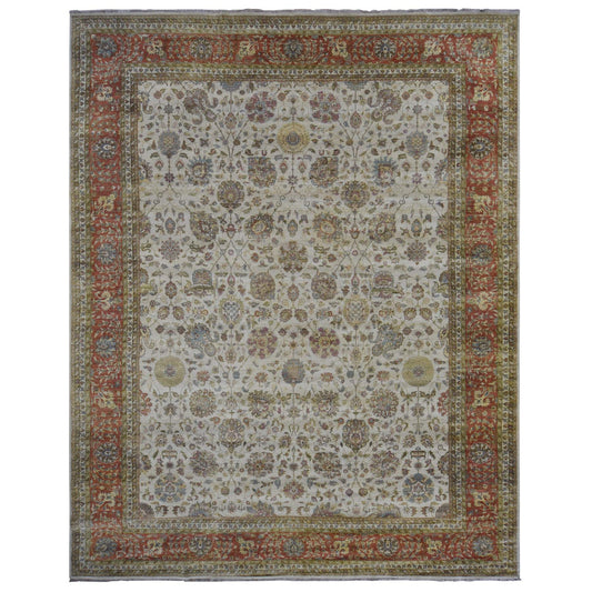 Fine Oriental Wool Hand Knotted Rug Ivory Red 11.5X14.9 -O078011