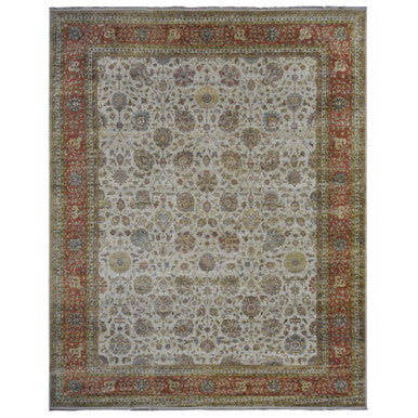 Fine Oriental Wool Hand Knotted Rug Ivory Red 11.5X14.9 -O078011