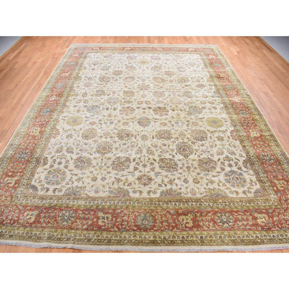 Fine Oriental Wool Hand Knotted Rug Ivory Red 11.5X14.9 -O078011
