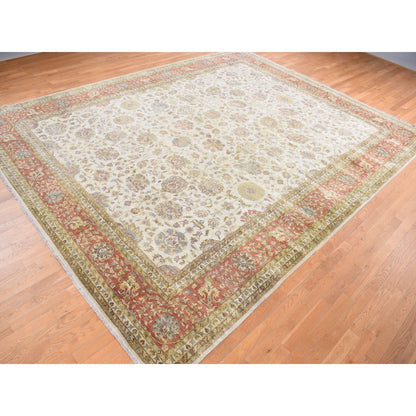 Fine Oriental Wool Hand Knotted Rug Ivory Red 11.5X14.9 -O078011
