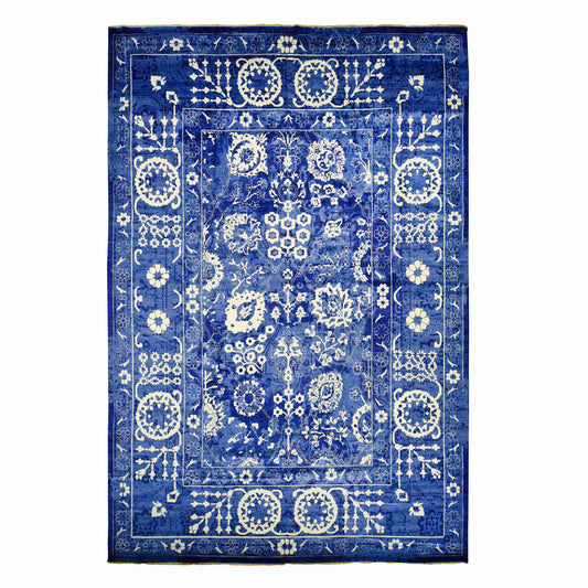 Transitional Wool & Silk Hand Knotted Rug Blue No Border 12.2X18.3 -O078014