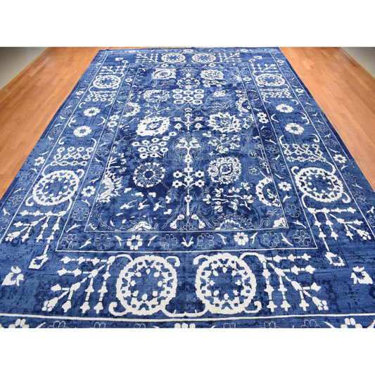 Transitional Wool & Silk Hand Knotted Rug Blue No Border 12.2X18.3 -O078014