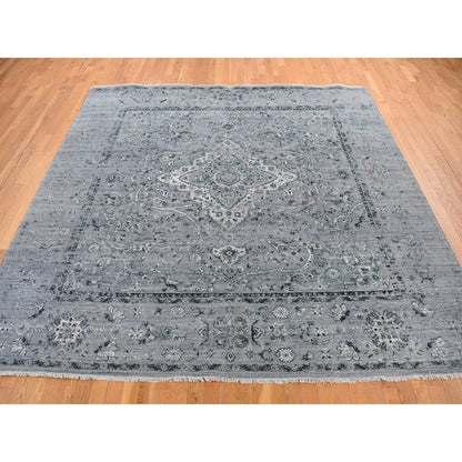 Transitional Wool & Silk Hand Knotted Rug Grey No Border 10.0X10.0 -O078015