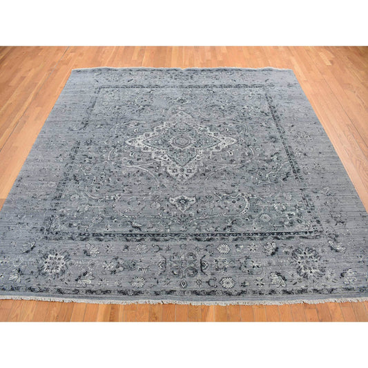 Transitional Wool & Silk Hand Knotted Rug Grey No Border 10.0X10.0 -O078015
