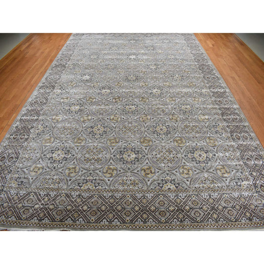 Transitional Wool & Silk Hand Knotted Rug Grey No Border 11.10X18.6 -O078016