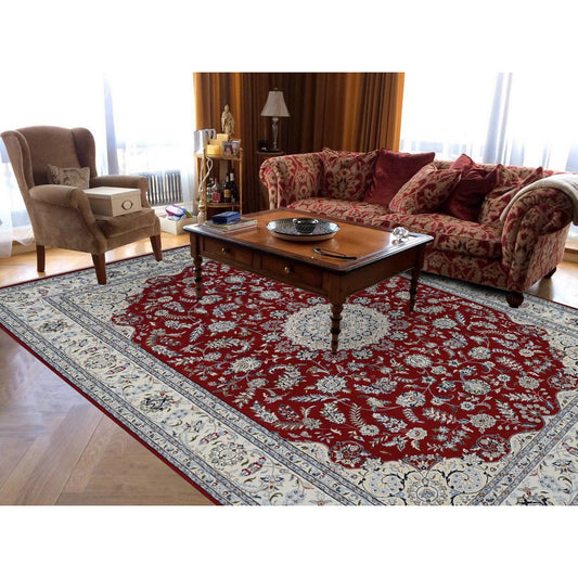 Fine Oriental Wool Hand Knotted Rug Red White 9.9X13.10 -O078039