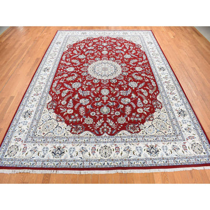 Fine Oriental Wool Hand Knotted Rug Red White 9.9X13.10 -O078039