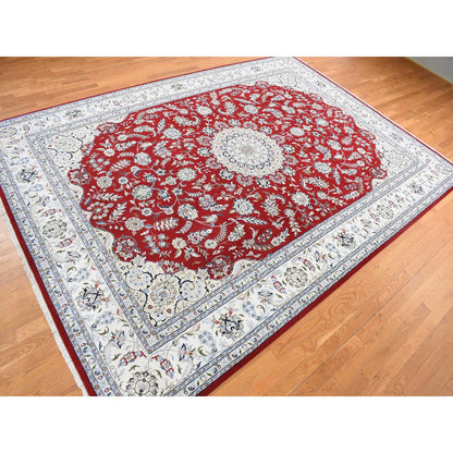 Fine Oriental Wool Hand Knotted Rug Red White 9.9X13.10 -O078039