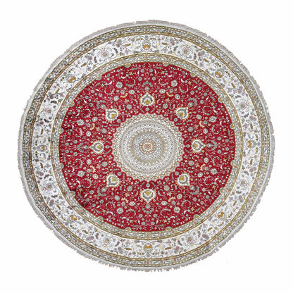 Fine Oriental Silk & Cotton Blend Hand Knotted Rug Red White 10.9X10.9 -O078044