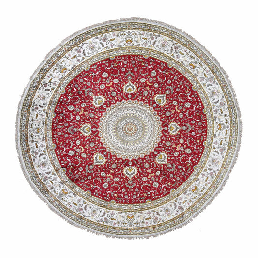 Fine Oriental Silk & Cotton Blend Hand Knotted Rug Red White 10.9X10.9 -O078044