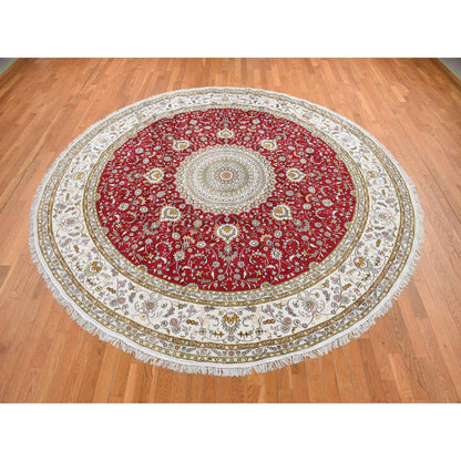 Fine Oriental Silk & Cotton Blend Hand Knotted Rug Red White 10.9X10.9 -O078044
