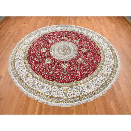 Fine Oriental Silk & Cotton Blend Hand Knotted Rug Red White 10.9X10.9 -O078044