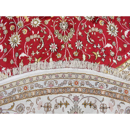 Fine Oriental Silk & Cotton Blend Hand Knotted Rug Red White 10.9X10.9 -O078044