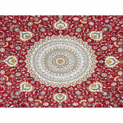 Fine Oriental Silk & Cotton Blend Hand Knotted Rug Red White 10.9X10.9 -O078044