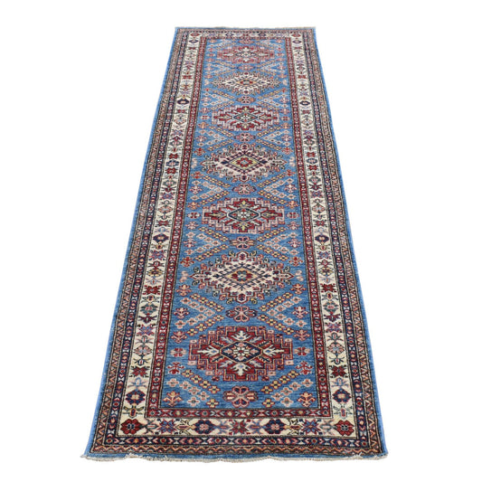 Kazak Wool Hand Knotted Rug Blue White 2.8X10.0 -O078045