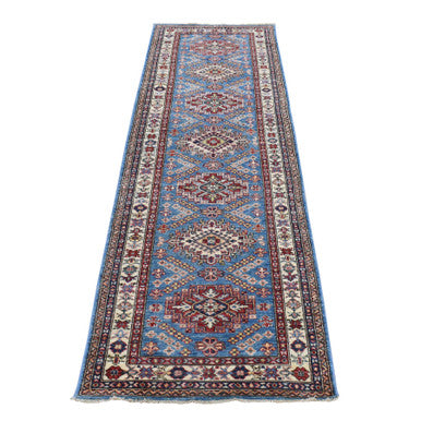 Kazak Wool Hand Knotted Rug Blue White 2.8X10.0 -O078045