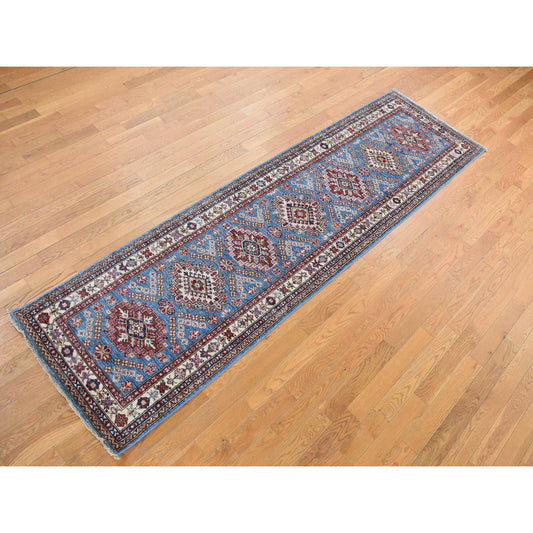 Kazak Wool Hand Knotted Rug Blue White 2.8X10.0 -O078045