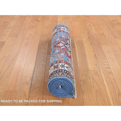 Kazak Wool Hand Knotted Rug Blue White 2.8X10.0 -O078045