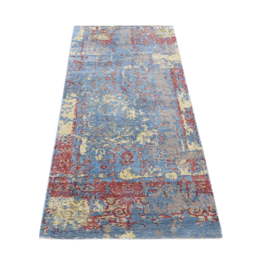 Modern and Contemporary Wool & Silk Hand Knotted Rug Blue No Border 2.5X6.0 -O078046