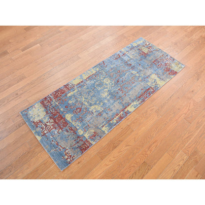 Modern and Contemporary Wool & Silk Hand Knotted Rug Blue No Border 2.5X6.0 -O078046