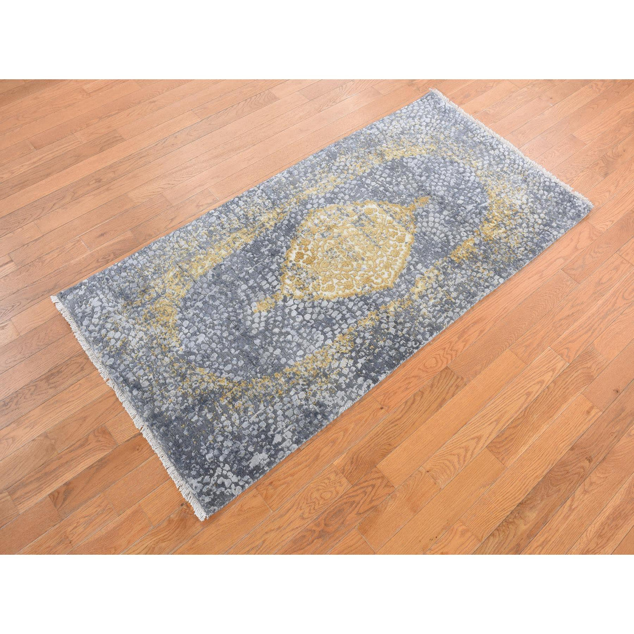 Transitional Wool & Pure Silk Hand Knotted Rug Grey No Border 2.10X6.0 -O078047