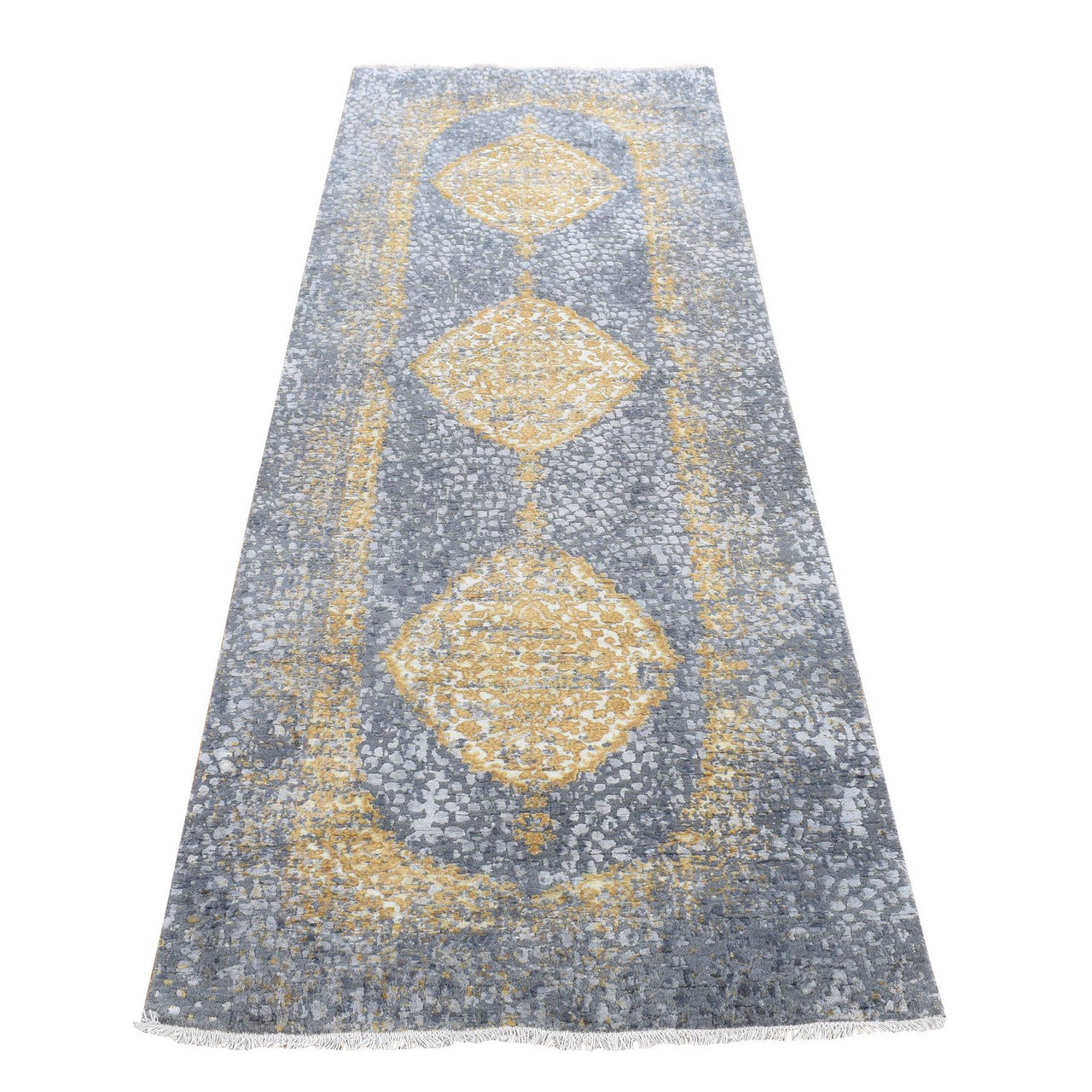 Fine Oriental Wool & Silk Hand Knotted Rug Grey No Border 3.2X10.0 -O078052