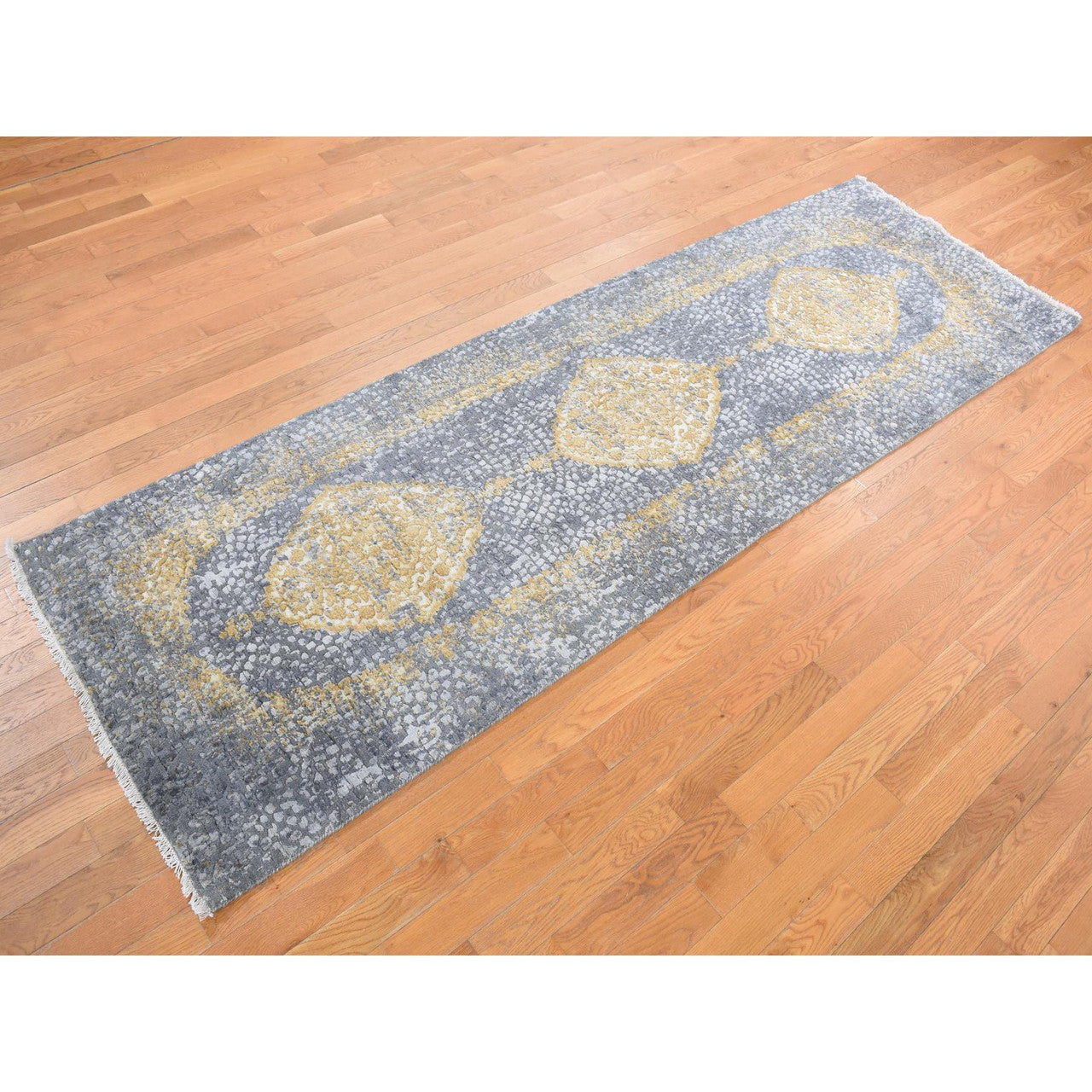 Fine Oriental Wool & Silk Hand Knotted Rug Grey No Border 3.2X10.0 -O078052