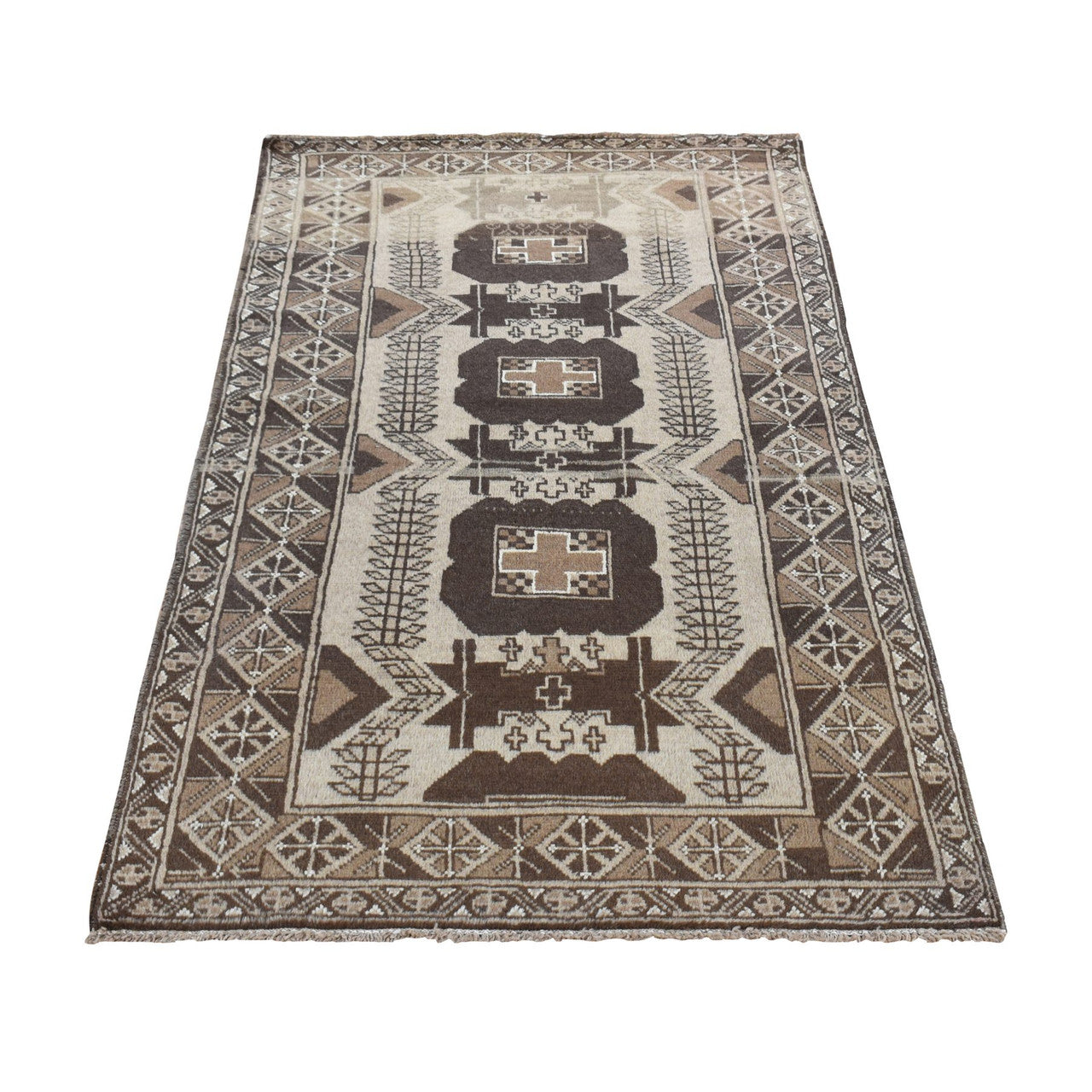 Brown 3'2" x 6'1" Tribal & Geometric Hand knotted Wool Rug - Sku: O078054