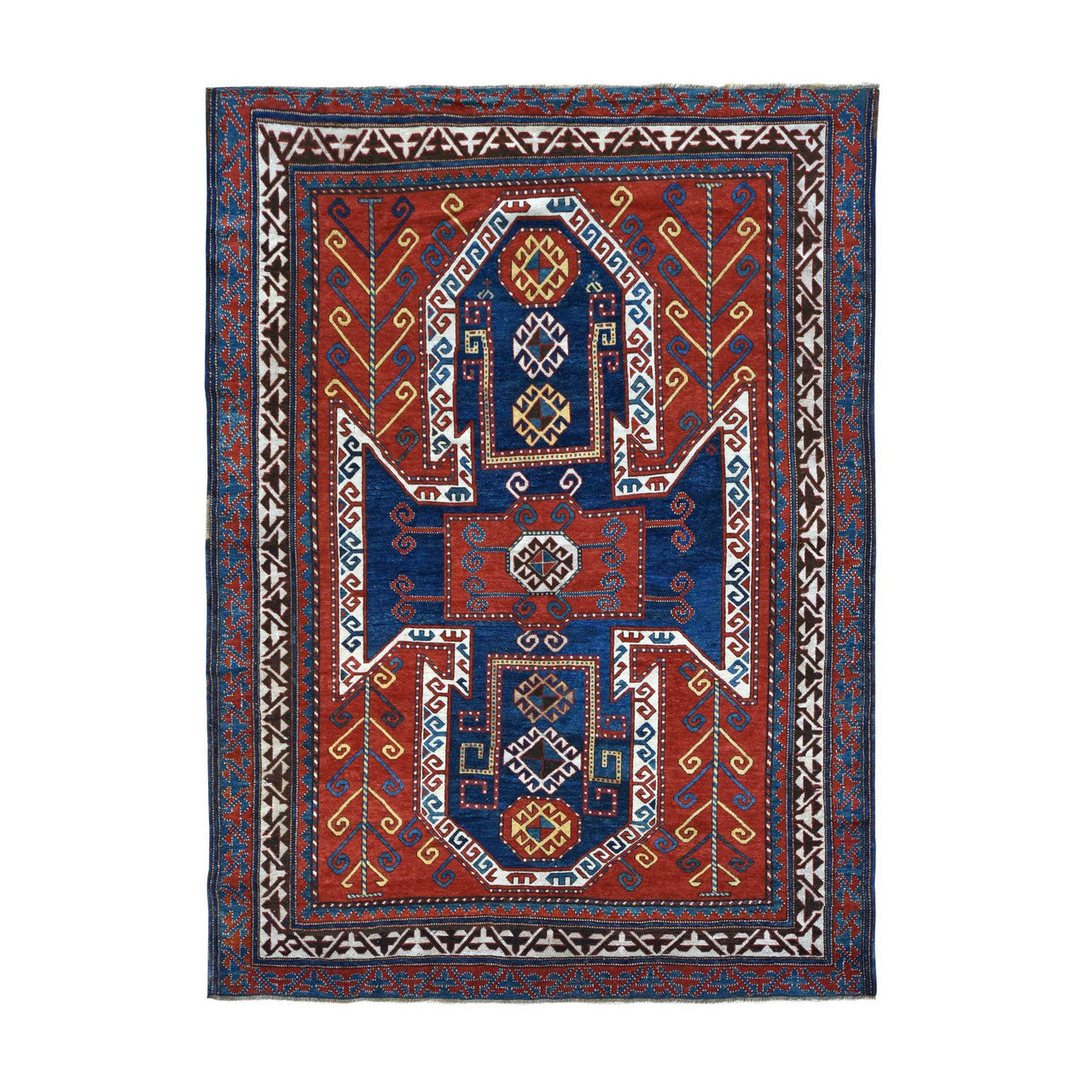 Antique Wool Hand Knotted Rug Red Denim Blue 6.10X9.3 -O078056