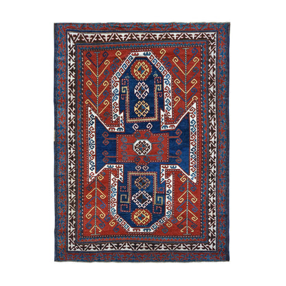 Antique Wool Hand Knotted Rug Red Denim Blue 6.10X9.3 -O078056