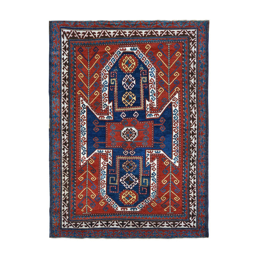 Antique Wool Hand Knotted Rug Red Denim Blue 6.10X9.3 -O078056