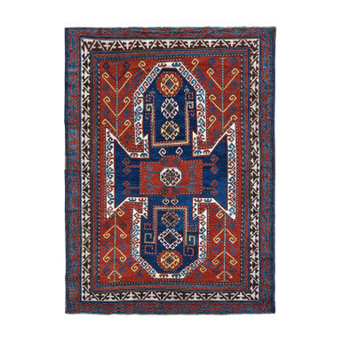 Antique Wool Hand Knotted Rug Red Denim Blue 6.10X9.3 -O078056
