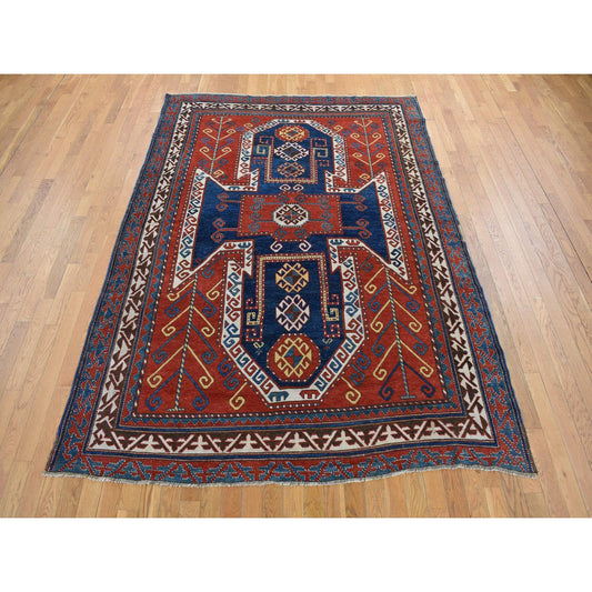 Antique Wool Hand Knotted Rug Red Denim Blue 6.10X9.3 -O078056