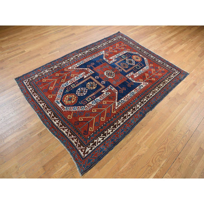 Antique Wool Hand Knotted Rug Red Denim Blue 6.10X9.3 -O078056