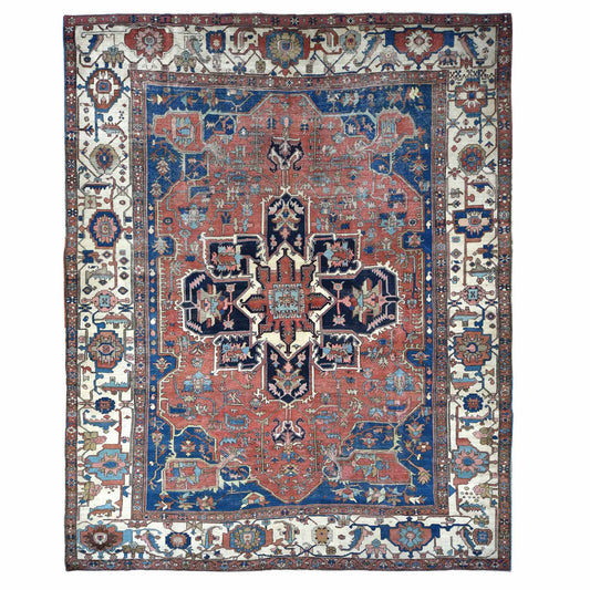 Antique Wool Hand Knotted Rug Red White 11.3X15.3 -O078057