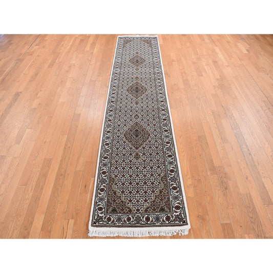 Fine Oriental Wool & Silk Hand Knotted Rug Ivory White 2.7X11.10 -O078068