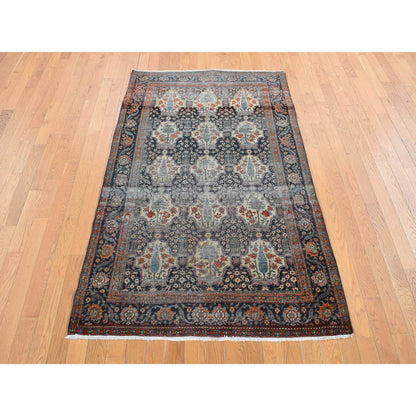 Antique Wool Hand Knotted Rug Blue Blue 4.1X6.4 -O078073